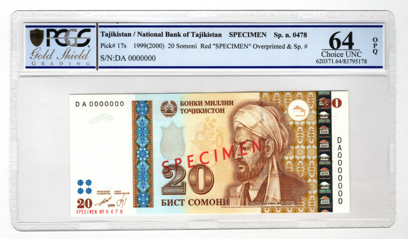 Tajikistan 20 Somoni 1999 Specimen PCGS 64 OPQ
P# 17s; UNC