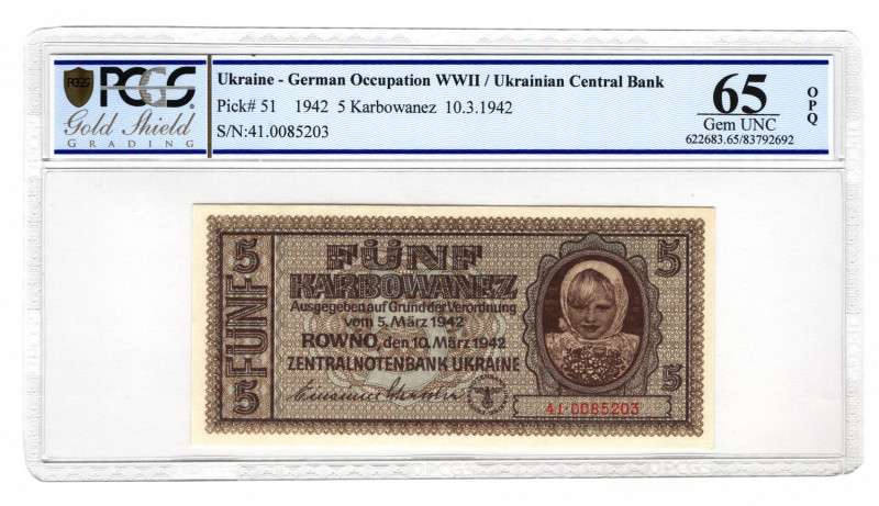Ukraine German Occupation 5 Karbovantsiv 1942 PCGS 65 OPQ
P# 51; UNC