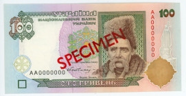 Ukraine 100 Hryven 1996 (ND) Specimen
P# 114as; UNC