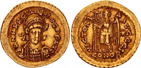 Byzantium Marcian AV Solidus 450 AD
RIC 510; Gold 4.41 g.; Marcian (450-457 AD); Obv: D N MARCIA - NVS P F AVG, diademed, helmeted and cuirassed thre...