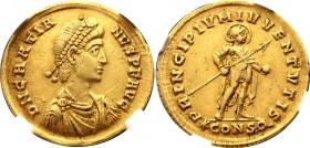 Roman Empire Solidus 367 - 383 AD, Gratian NGC XF
RIC 24 (Constantinopolis), C 35 Solidus; Gold, 4,42 g.; Obv: DNGRATIANVSPFAVG - Diademed, draped an...
