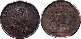 Ceylon 1/2 Stiver 1815 PCGS MS63BN
KM# 80; Copper; George III; Mint: London; UNC