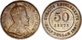 Straits Settlements 50 Cents 1907
KM# 24; Silver; Edward VII; XF+