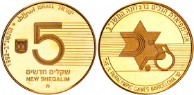 Israel 5 New Sheqalim 1992
KM# 229; Gold (.900) 8.63 g.; Israel Among the Nations - IX Paralympic Games in Barcelona; UNC Proof
