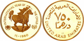 United Arab Emirates 750 Dirhams 1980 AH 1400
KM# 8; Gold (.900) 17.17 g., 25 mm., Proof; Zayed; International Year of the Child; Mintagre 3063 pcs