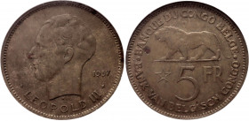 Belgian Congo 5 Francs 1937 NGC AU 55
KM# 24; Nickel brass; Leopold III
