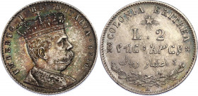 Italian Eritrea 2 Lire 1890
KM# 3; Silver; Umberto I. AUNC, nice patina.