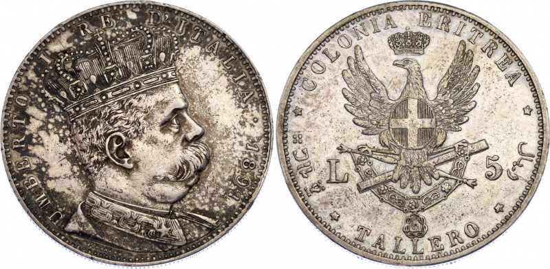 Italian Eritrea 5 Lire 1891
KM# 4; Silver; Umberto I. AUNC, nice patina, mint l...