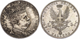 Italian Eritrea 5 Lire 1891
KM# 4; Silver; Umberto I. AUNC, nice patina, mint luster.