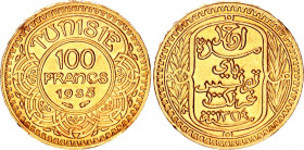 Tunisia 20 Francs 1935 AH 1354
KM# 257; Fr# 14; Gold (.900) 6.55 g.; Ahmad II; Mint: Paris; UNC