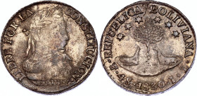 Bolivia 4 Soles 1830 PTS JL Overdate
KM# 96a.1; Mint mark in monogram; Silver; UNC with nice toning