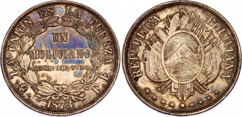 Bolivia 1 Boliviano 1873 PTS FE Double Strike
KM# 160.1; Silver; AUNC with nice...