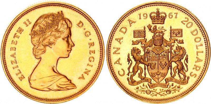 Canada 20 Dollars 1967
KM# 71; Gold (.900) 18.27 g., 27.05 mm., Prooflike; Eliz...