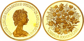 Canada 100 Dollars 1977
KM# 119; Gold (.917) 16.96 g., 27 mm., Proof; 25th Anniversary of the Coronation of Queen Elizabeth II