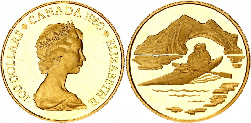Canada 100 Dollars 1980
KM# 129; Gold (.917) 16.96 g., 27 mm., Proof; Elizabeth...