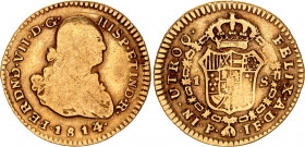 Colombia 1 Escudo 1814 P JF Overdate
KM# 64.2; Hernández# 691; Gold (.875) 3.38 g.; Mint: Popayan; VF