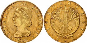 Colombia 8 Escudos 1834 RS
KM# 82.1; Fr# 67; Gold (.875) 27.07 g.; Mint: Bogota; AUNC