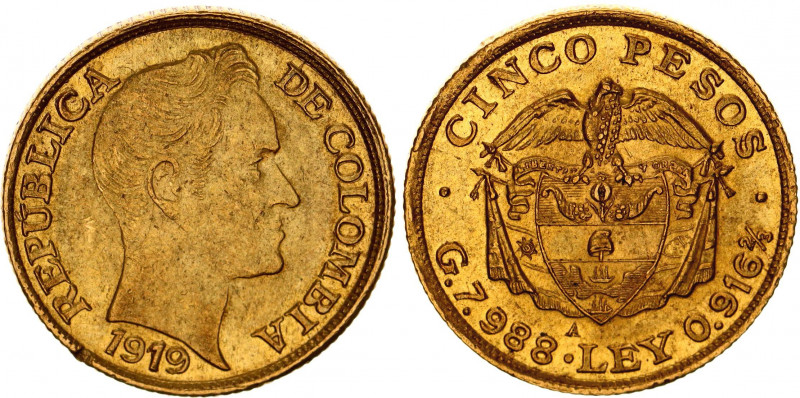 Colombia 5 Pesos 1919 A
KM# 201.1; Gold (.917) 7.99 g.; Mint: Medellin; AUNC