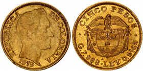 Colombia 5 Pesos 1919 A
KM# 201.1; Gold (.917) 7.99 g.; Mint: Medellin; AUNC