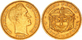 Colombia 10 Pesos 1924 B
KM# 202; Gold (.917) 15.98 g.; Mint: Bogota; AUNC