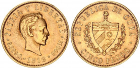 Cuba 5 Pesos 1916
KM# 19; JMA# 105; Gold (.900) 8.36 g.; José Martí; Mint: Philadelphia; XF-