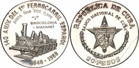 Cuba 20 Pesos 1988
KM# 233; Silver; Railroads of the World - First Spanish Railroad; Mintage 1000; Mint: Havana; UNC Proof