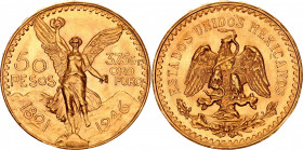 Mexico 50 Pesos 1946
KM# 481; Gold (.900) 41.66 g., 37 mm.; 100th Anniversary of Independence from Spain; UNC