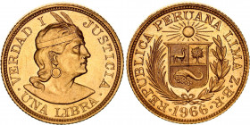 Peru 1 Libra 1966 BR
KM# 207; Gold (.917) 7.99 g.; Mint: Lima; UNC