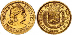 Peru 1/5 Libra 1966 ZBR
KM# 210; Gold (.917) 1.60 g.; Mint: Lima; AUNC