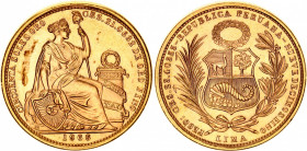 Peru 50 Soles Oro 1966
KM# 230; Gold (.900) 23.41 g., 30 mm.; Mintage 3409 pcs; UNC