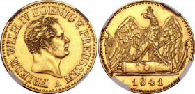 German States Prussia 2 Friedrich d'Or 1841 A NGC UNC
KM# 443; Gold (.903) 13.36 g., 20.5 mm.; Friedrich Wilhelm IV; NGC UNC Det. Cleaned