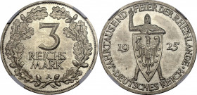 Germany - Weimar Republic 3 Reichsmark 1925 A NGC MS 63
KM# 46; AKS# 73; J. 321; Silver; 1000th Year of the Rhineland; Mint: Berlin; UNC