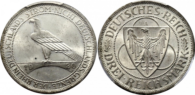 Germany - Weimar Republic 3 Reichsmark 1930 A PCGS MS63
KM# 70; J. 345; Silver;...