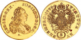 Austria 2 Dukat 1774 E HG
KM# 1860, Fr. 191, Her. 10. Joseph II (1765-1790), Karlsburg. Gold, 6.97g. AUNC, full mint luster.