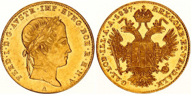 Austria 1 Dukat 1837 A
KM# 2262, Fr. 481, Her. 19. Ferdinand I (1835-1848), Vienna. Gold, 3.50g. AU-UNC, full mint luster.