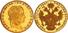 Austria 1 Dukat 1839 A
KM# 2262, Fr. 481, Her. 19. Ferdinand I (1835-1848), Vienna. Gold, 3.50g. AU-UNC, full mint luster.