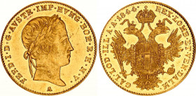 Austria 1 Dukat 1844 A
KM# 2262, Fr. 481, Her. 24. Ferdinand I (1835-1848), Vienna. Gold, 3.47g. AUNC, full mint luster.