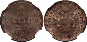 Austria 1 Kreuzer 1851 A NGC MS 64 BN
KM# 2185; Copper; Franz Joseph I; Mint luster remains
