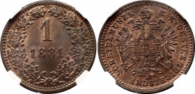 Austria 1 Kreuzer 1881 NGC MS 65 RB
KM# 2186; Copper; Franz Joseph I; Mint luster remains