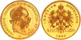 Austria 4 Florin / 10 Francs 1892 Restrike
KM# 2260; Fr# 503R; Gold (.900) 3.23 g.; Franz Joseph I; Mint: Vienna; UNC