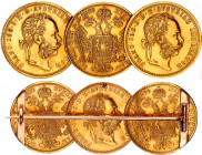 Austria Brooch made of 3 Dukats 1874 - 1899
KM# 2267; Each Coin: Gold (.986) 3.49 g., 20 mm.; Total weight of the brooch: 11.51 g.; Franz Joseph I