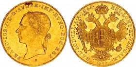 Austria Dukat 1848 / 1898 A 50th Jubilee of FJI Reign
KM# 2268, Fr. 489, Her. 71. Franz Joseph I (1848-1916), Vienna. Gold, 3.48g. AUNC, full mint lu...