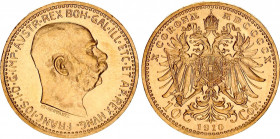 Austria 10 Corona 1910
KM# 2816; Herinek 389; Gold (.900) 3.39 g.; Franz Joseph I; Mint: Vienna; Mintage 1 055 387; AUNC-UNC