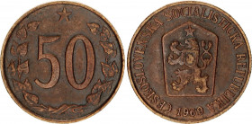 Czechoslovakia 50 Haleru 1969 Rare
KM# 55.2 (without dots, Obverse muled with 10 Haleru, KM# 49.1); Bronze; Mint: Kremnitz; AUNC