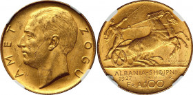 Albania 100 Franga Ari 1927 R NGC MS 61
KM# 11a.1. Zog I. No star below bust. Gold (.900), 32.25g. Mintage 5000.