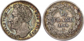 Belgium 1/4 Franc 1844
KM# 8; Silver; Leopold I; VF+ with beautiful toning