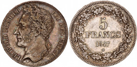 Belgium 5 Francs 1847
KM# 3.2; Silver; Léopold I; Mint: Brussels; AUNC- Toned