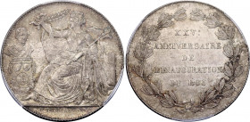 Belgium Silver Medal in Size of 2 Francs "XXVth Anniversary of the Inauguration of the King" 1859 PCGS MS 66
Dup-576; Coin Align.; Silver; "XXV Anniv...