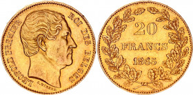 Belgium 20 Francs 1865
KM# 23; Fr# 411; Gold (.900) 6.45 g.; Léopold I; Mint: Brussels; AUNC