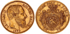 Belgium 20 Francs 1869
KM# 32; Gold (.900) 6.45 g., 21 mm.; Leopold II; AUNC, worn die